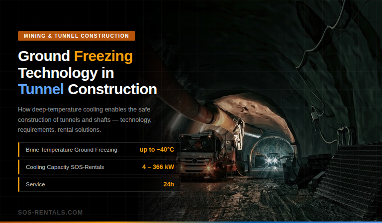 Heavy equipment inside active tunnel construction site — ground freezing technology with rental cooling units by SOS-Rentals, brine temperatures down to −40°C